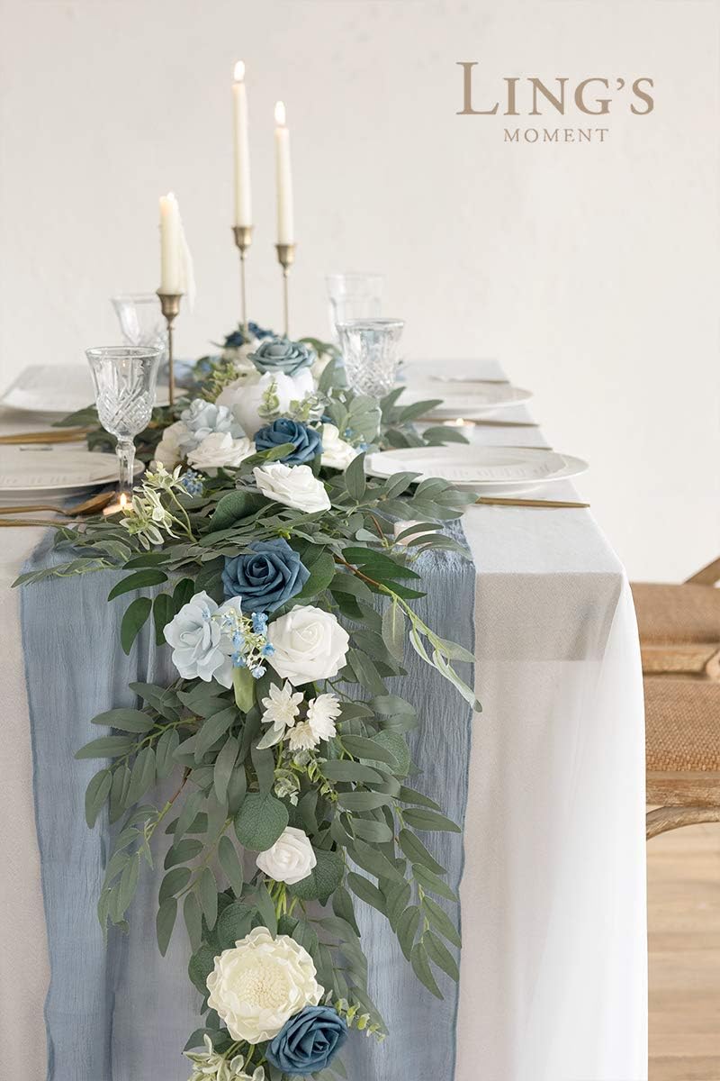Ling's Moment Flower Garland - 6FT Eucalyptus & Rose - Sweetheart Table Decor for Wedding Reception, Artificial Arch Floral Garland for Mantle, Christmas, Beach Decoration, Dusty Blue & White