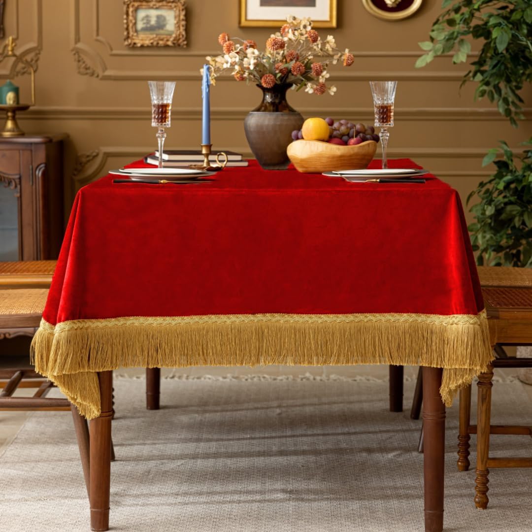 F-CHU Luxury Red Tablecloth Thickset Velvet Tablecloth with Beautiful Gold Tassels Vintage Table Cloth for Home Decor Wedding, Party, Banquet and Events 60x70-Inch