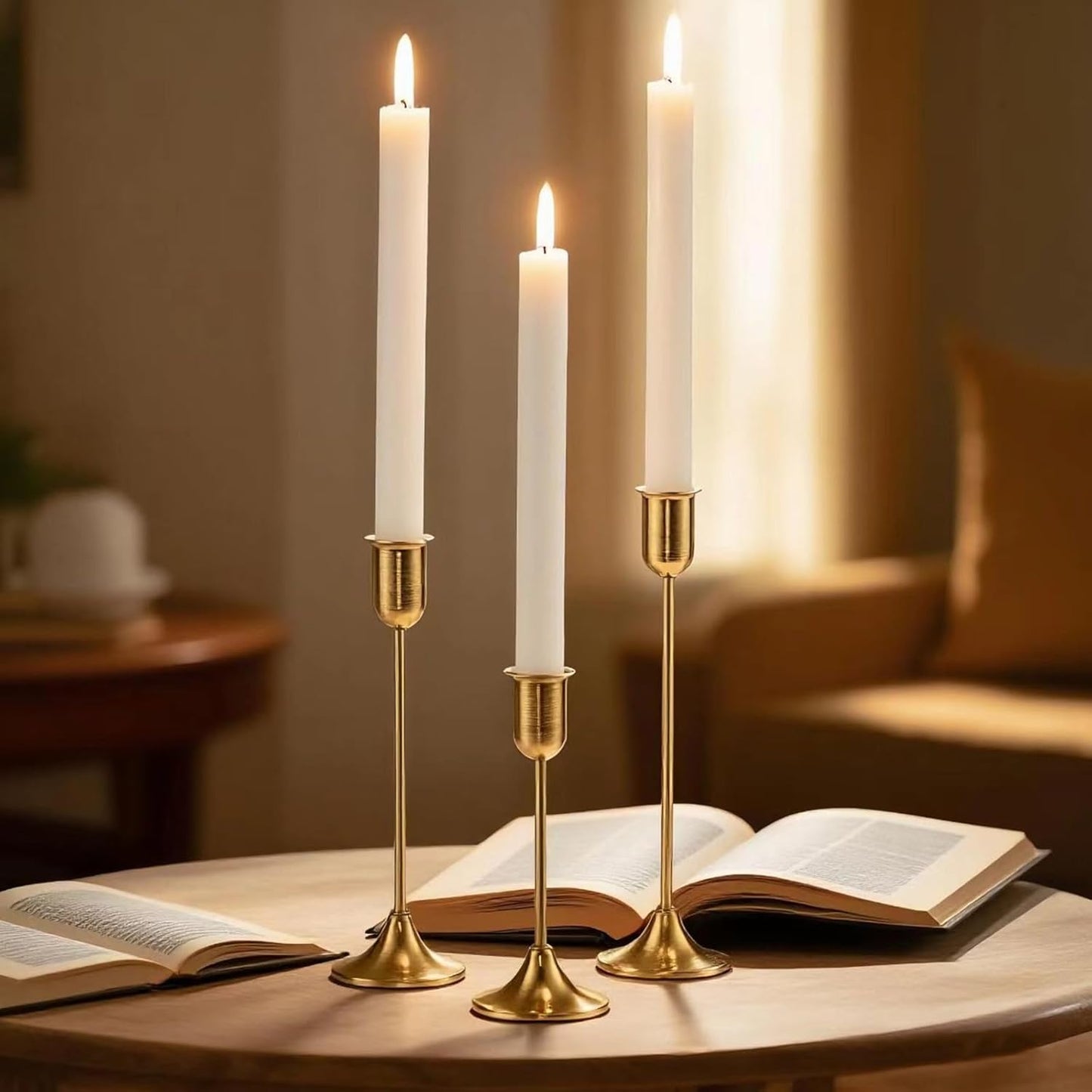 6 Pcs Brass Gold Candle Holders Set, Candelabra Tall Candle Stand, Metal Taper Candlestick Holders for Dining, Table Centerpieces & Vintage Home Decor– Housewarming Gift for Halloween Decor, Christmas