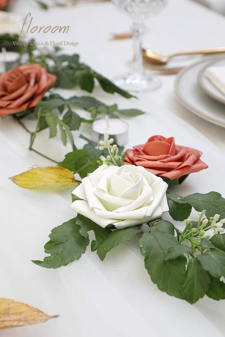 Floroom Artificial Flowers 50pcs Real Looking Ivory Foam Fake Roses with Stems for DIY Wedding Bouquets White Baby Shower Centerpieces Floral Arrangements Party Tables Home Decorations