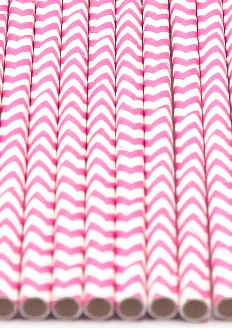 Pack of 300 Baby Pink Chevron Biodegradable 4-Ply Paper Drinking Straws (Compostable, Non-toxic, BPA-free)