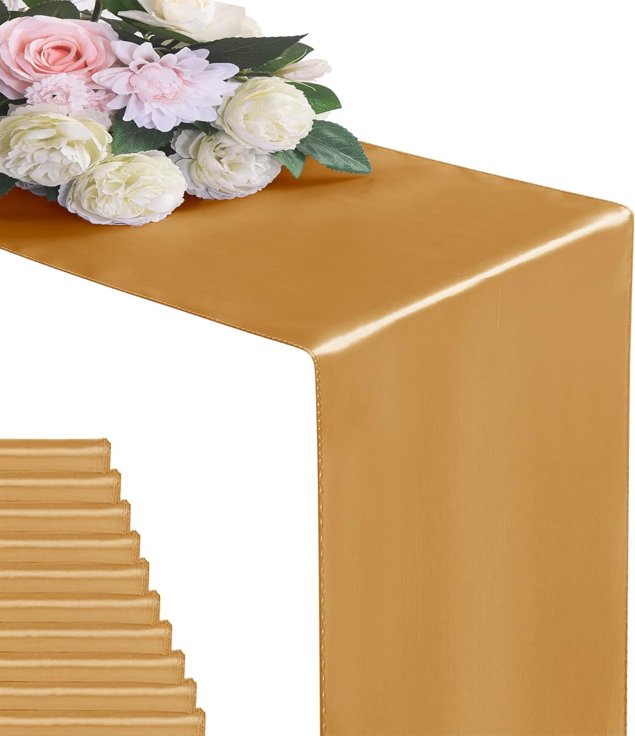 24Pack Table Runner 12 x 108 Inches Satin Silk Table Runner for Wedding, Birthday Party, Banquets, Graduations Decoration, fit Rectange and Round Table-Gold