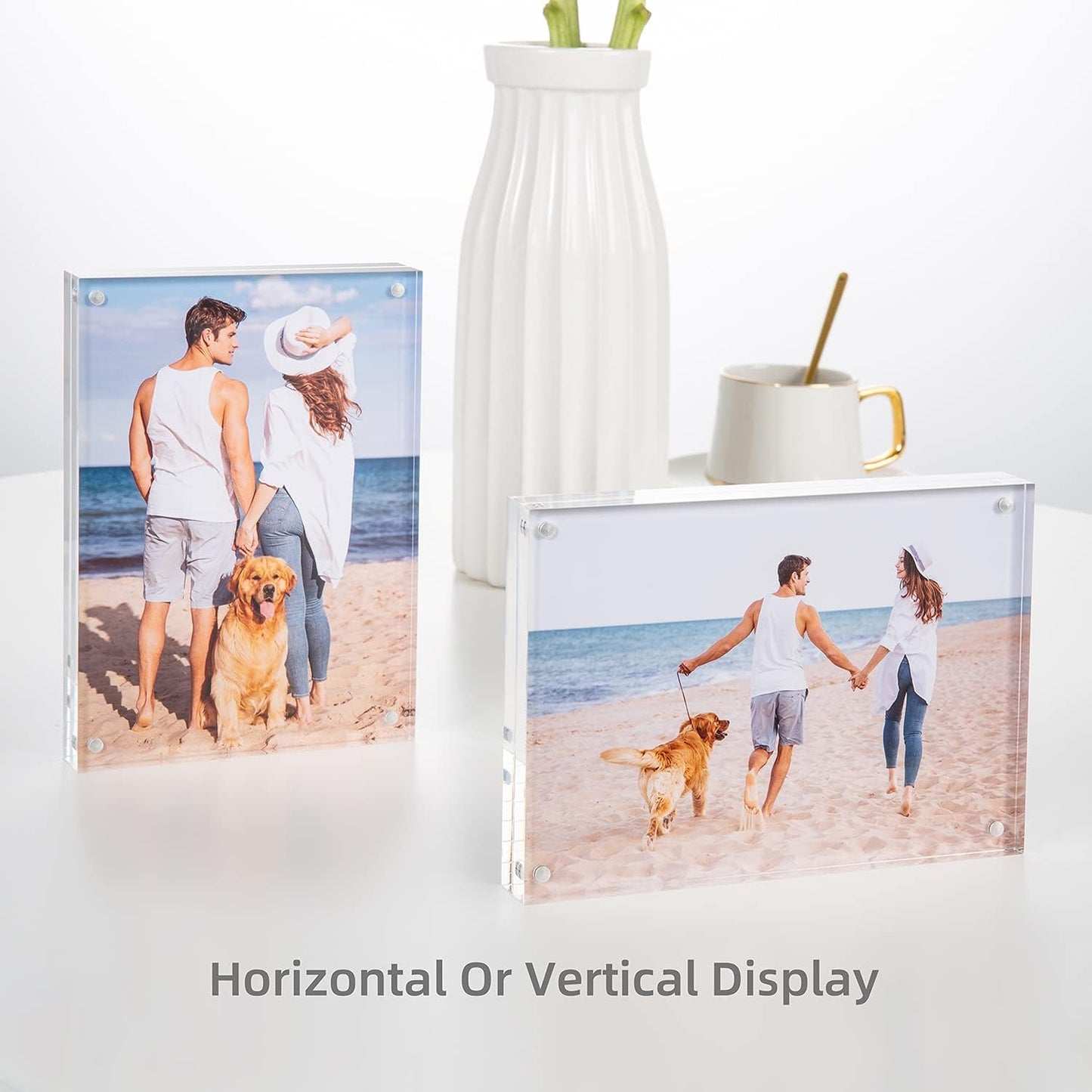 Acrylic Picture Frame, Clear Freestanding Double Sided 20mm Thickness Frameless Magnetic Photo Frames Desktop Display with Gift Box Package (5x7 4 pack)