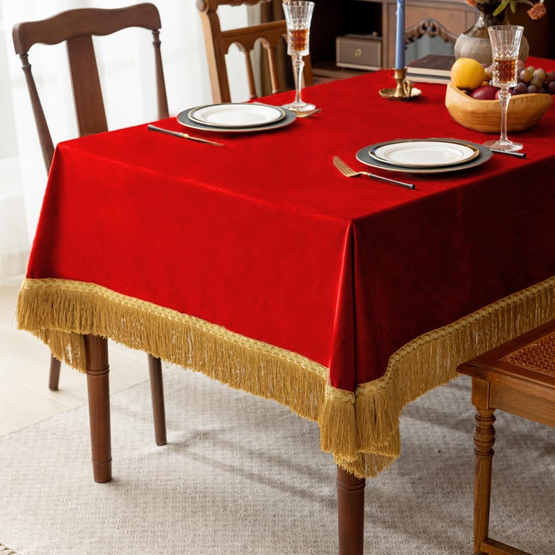 F-CHU Red Tablecloth Thickset Velvet Tablecloth with Beautiful Gold Tassels Vintage Table Cloth for Home Decor Wedding, Party, Banquet and Events 60x86-Inch