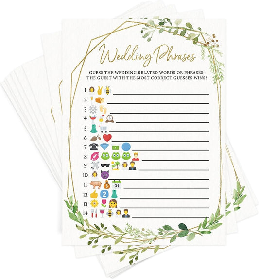 Printed Party Bridal Shower Games – Wedding Phrase Guessing Game, Fun Wedding Shower Activity, Botanical Greenery Theme, for up to 50 Guests