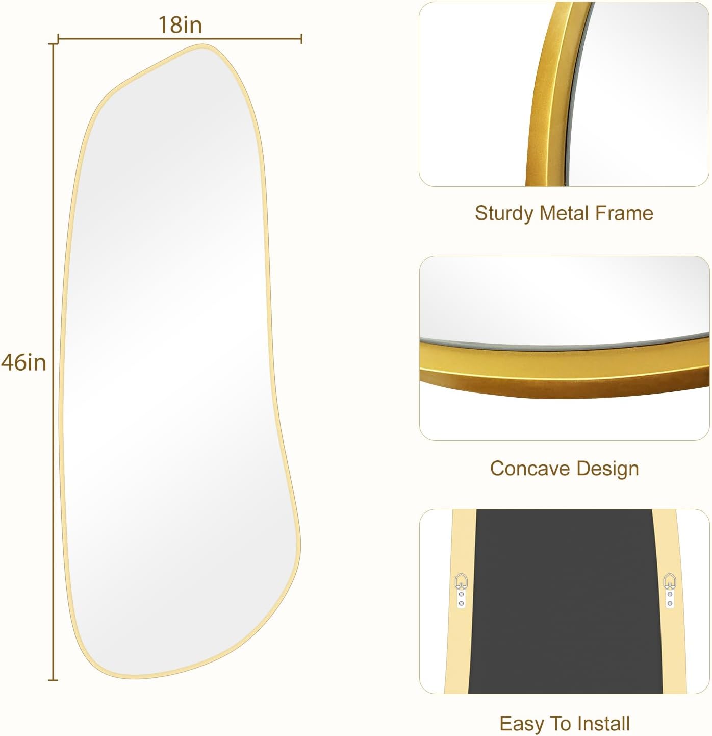 WallBeyond Irregular Wall Mirror, Asymmetrical Mirror Wall Mounted with Gold Framed for Living Room, Bathroom, Bedroom, Entryway Wall Decor, 46"×18", Gold