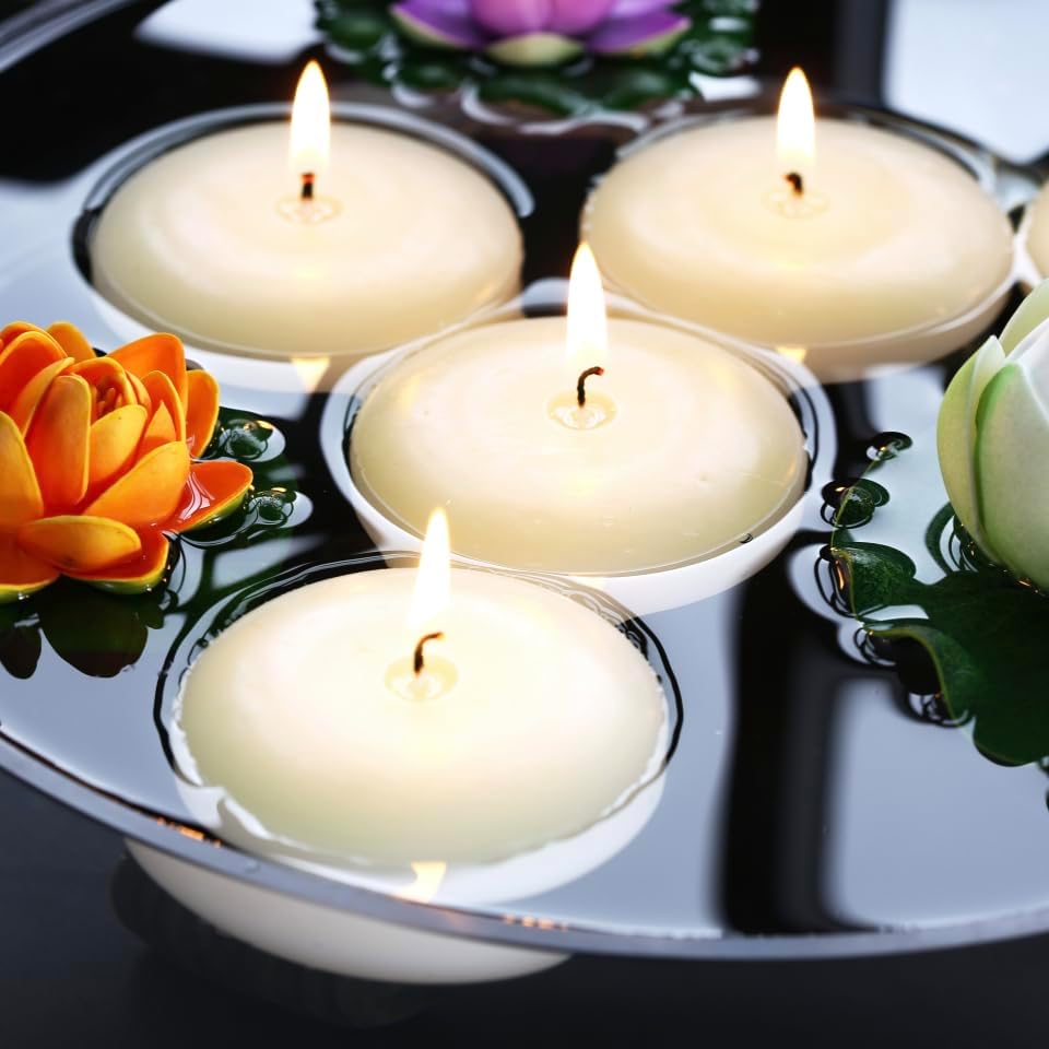 36 Pack Floating Candles, 3” Ivory Unscented Dripless Wax Burning Candles, for Weddings, Party, Cylinder Vases, and Home Decorations
