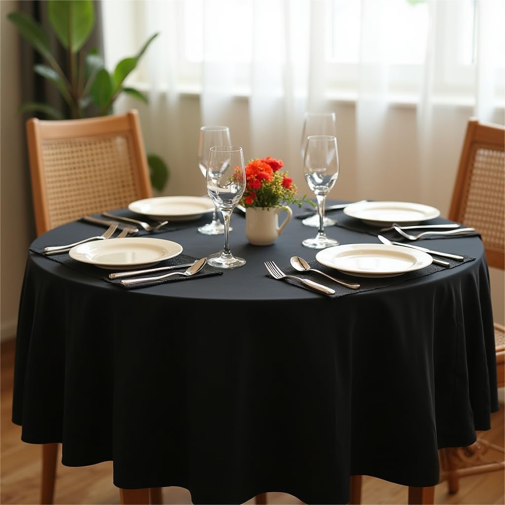 sancua Round Tablecloth - 90 Inch - Water Resistant Spill Proof Washable Polyester Table Cloth Decorative Fabric Table Cover for Dining Tables, Buffet Parties and Camping, Black