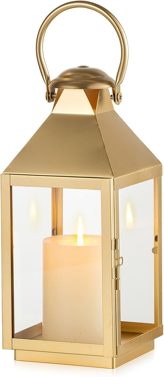 NUPTIO Gold Lanterns Decorative for Wedding: 11.2 Inch Tall Metal Lantern Decor with Glass - Outdoor Pillar Candle Holder for Table Centerpiece Dining Room Mantel Patio
