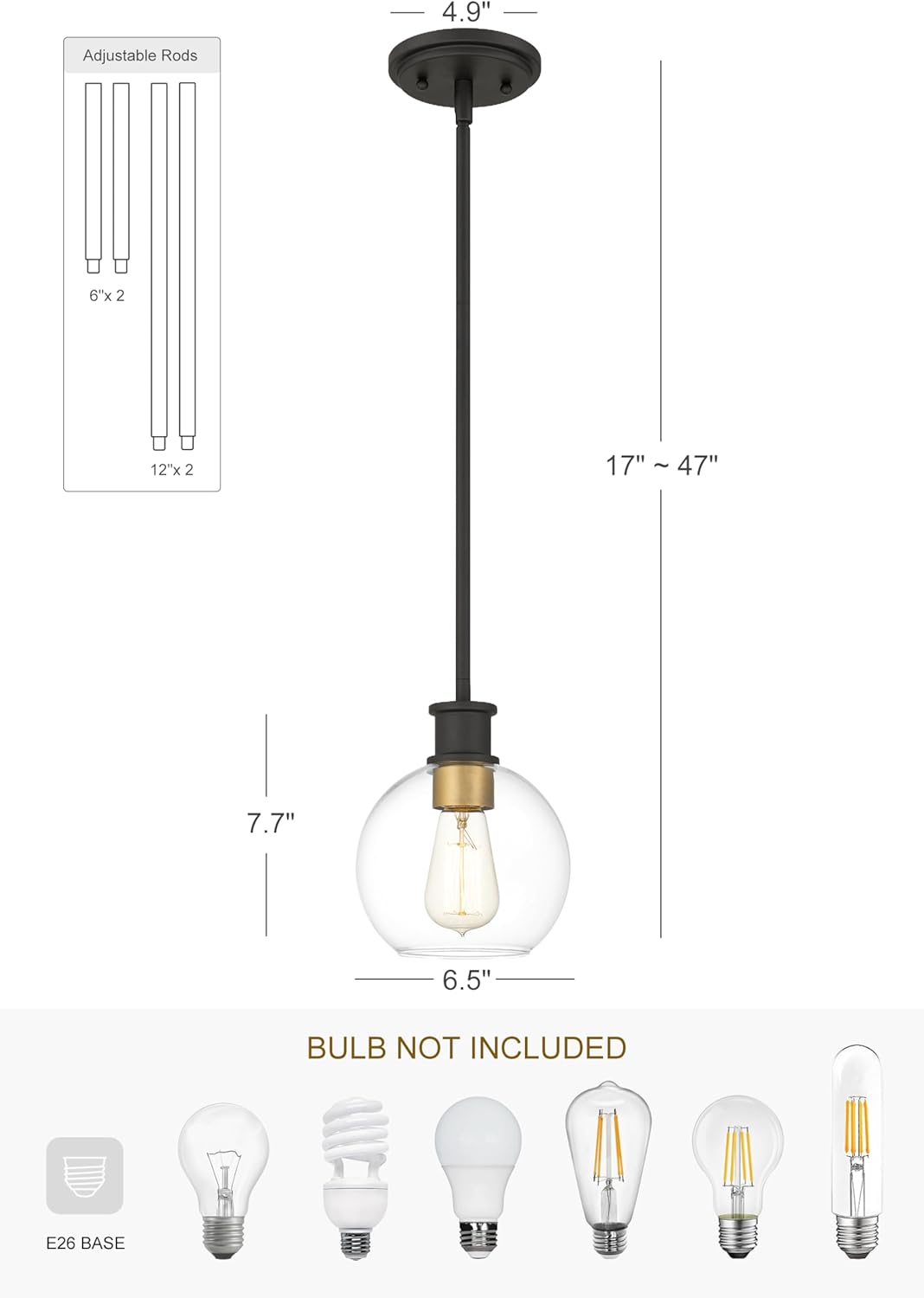 Black and Gold Pendant Light, Modern Globe Pendant Light, Island Pendant Lights with 6.5 inch Clear Globe Glass Shade for Kitchen Island, Hallway, Entryway, Dining Room, Bedroom