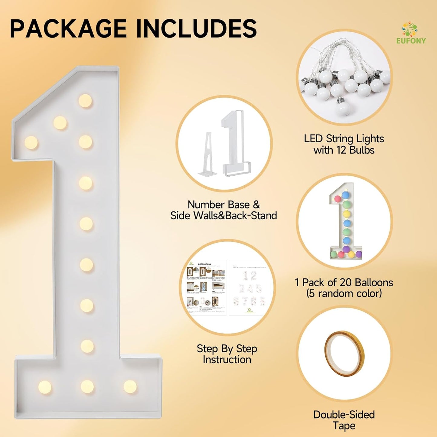 4FT Marquee Numbers, Large Light Up Numbers 1 for 1st 15th 16th Birthday Party Decorations, Giant Light Up Number for Baby Shower Anniversary Decor, 4 Feet Number 1 w/Lights DIY Kit