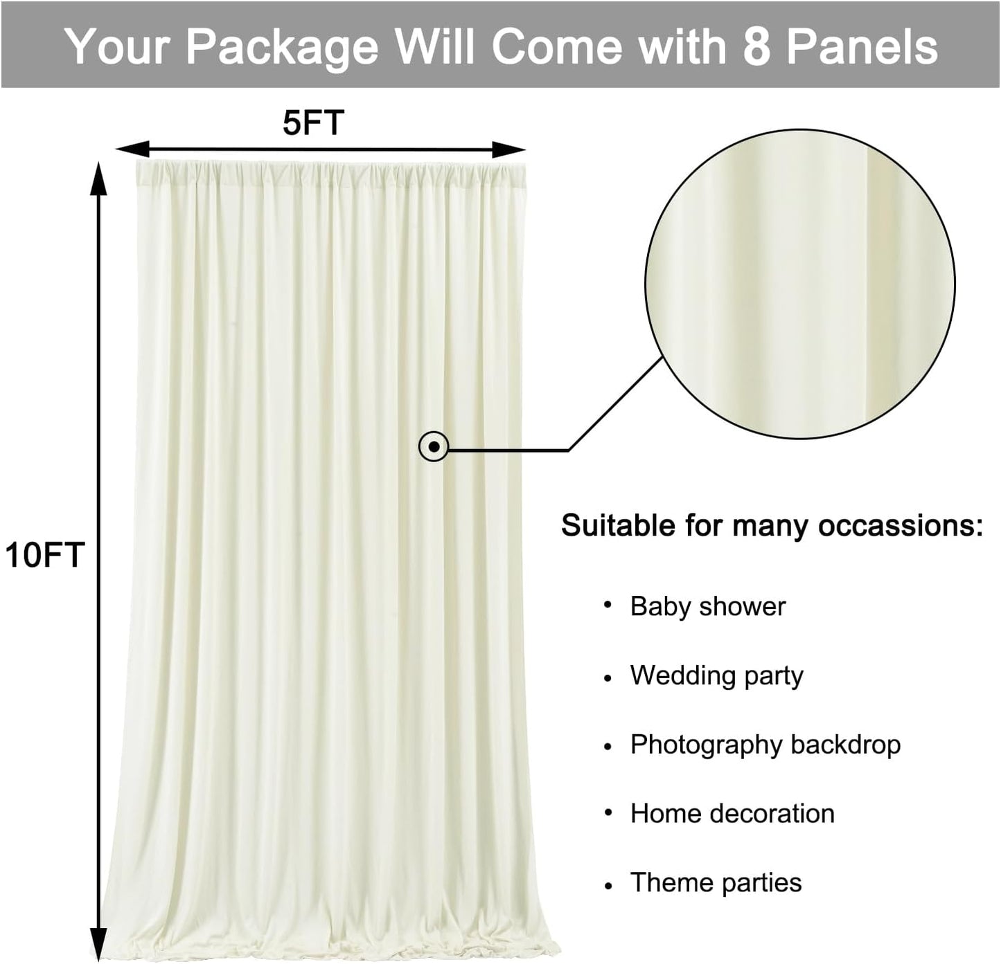 40 ft x 10 ft Wrinkle Free Ivory Backdrop Curtain for Wedding Parties, Polyester Ivory Photo Backdrop Drapes 8 Panels 5x10ft for Baby Shower Photoshoot Engagement Birthday Party Photography Background