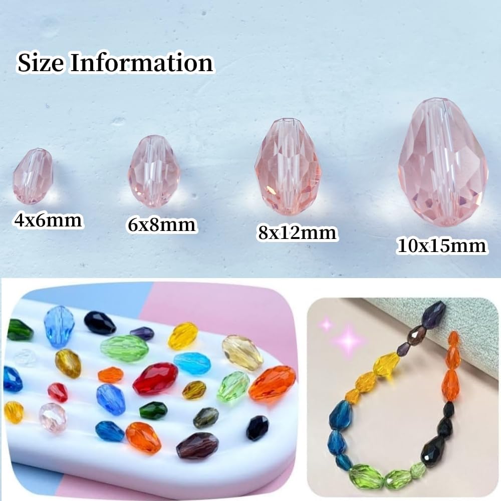 100pcs 8x12mm Teardrop Crystal Glass Beads Vertical Hole Faceted Glass Teardrop Spacer Beads for Bracelets Necklace Earring DIY Jewelry Making Craft(Pink)