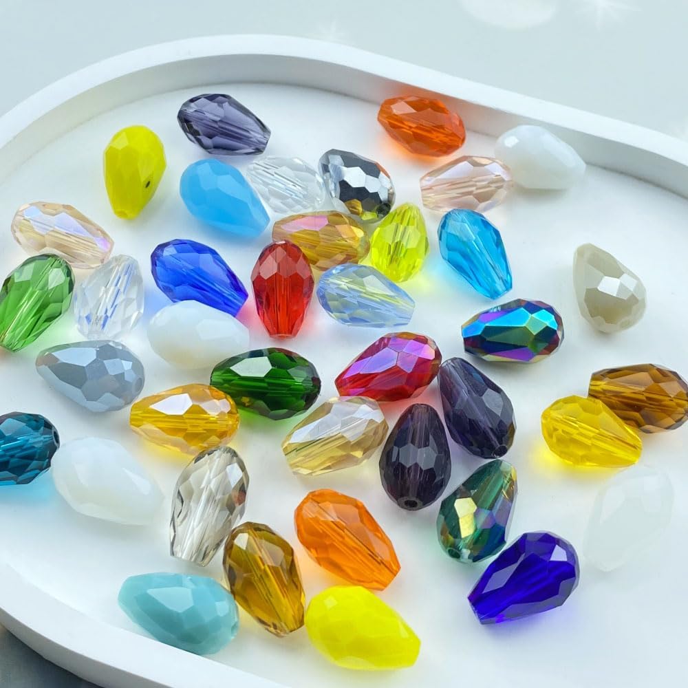 40pcs 10x15mm Teardrop Crystal Glass Beads Vertical Hole Faceted Loose Spacer Beads for DIY Craft Jewelry Making Necklace Bracelet Earring Wind Chimes(Mix Colors Series)