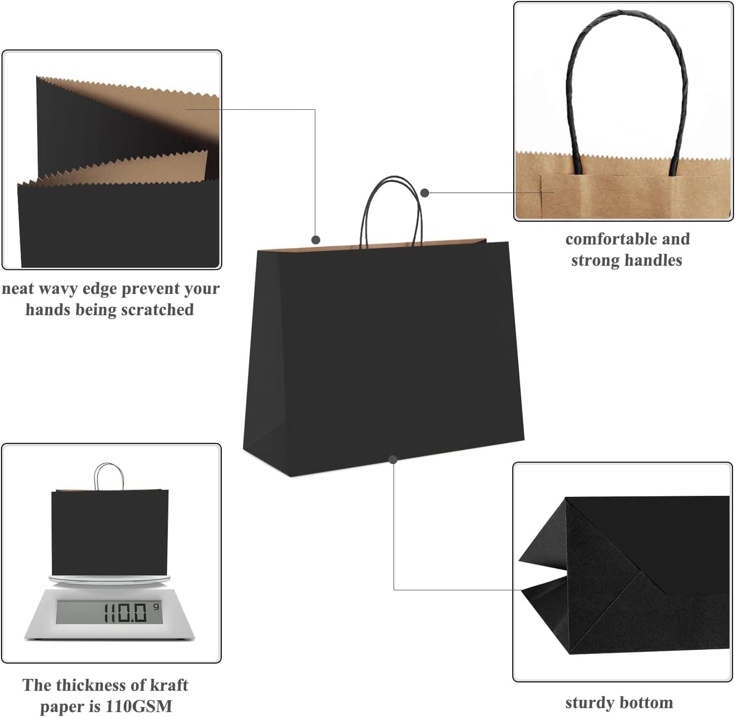 GSSUSA Black Large Gift Bags 16x6x12 Kraft Paper Bags with Handles 200Pcs Sturdy Shopping Party Merchandise Retail