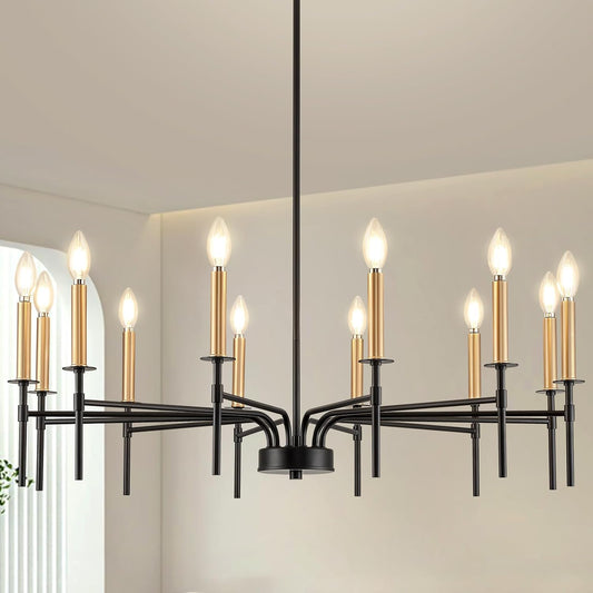 12 Light Modern Farmhouse Black and Gold Chandeliers for Dining Room Light Fixture, Metal Candle Chandelier Lighting Fixtures for Living Room Stair Foyer Entryway Bedroom Kitchen