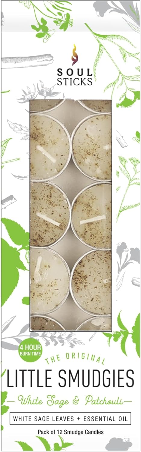 SOUL STICKS 12 Pack Little Smudgies Tealight Candles Smudge Candle for Cleansing House, Meditation, Chakra Healing | Made with Crystals and Herbs (White Sage & Patchouli)
