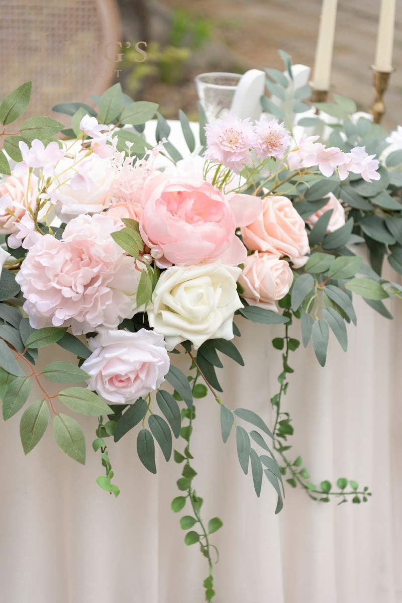 Ling's Moment 9FT Flower Garland for Backdrop Decorations - Wedding Arch Flowers, Eucalyptus & Rose, Artificial Floral Garland for Mantle - Sweetheart Table Decor for Ceremony Reception, French Pink