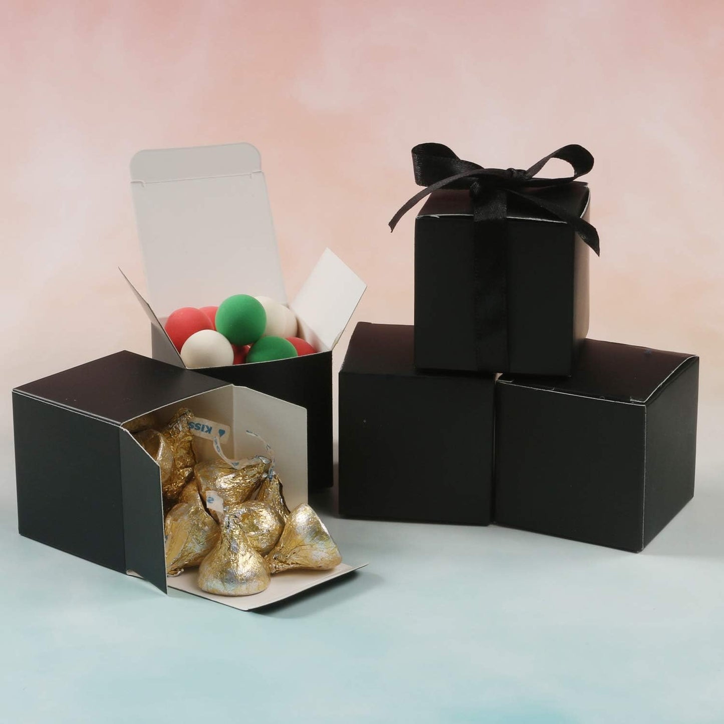 COTOPHER 60pcs Wedding Favor Boxes, Paper Gift Boxes 3x3x3 Inches Small Gift Boxes with Ribbons, Easy Assemble Boxes (Black)