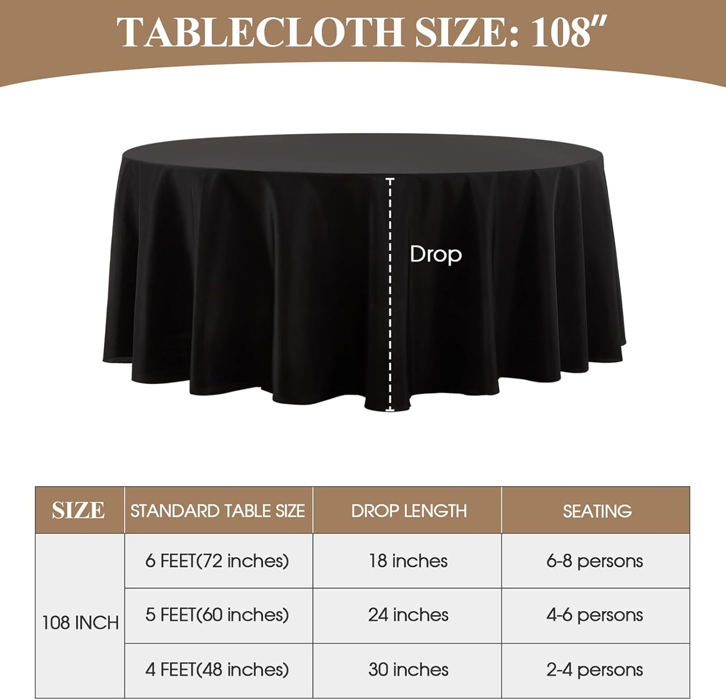 Round Tablecloth 6 Pack 108 Inch Black Tablecloths Washable Decorative Linen Polyester Table Clothes Cover for Dining Table Banquets Buffet Parties and Wedding