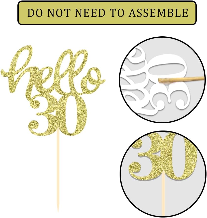 24 Pcs Gold Glitter 30th Birthday Cupcake Toppers for 30th Anniversary Birthday Party Wedding Party Decorations