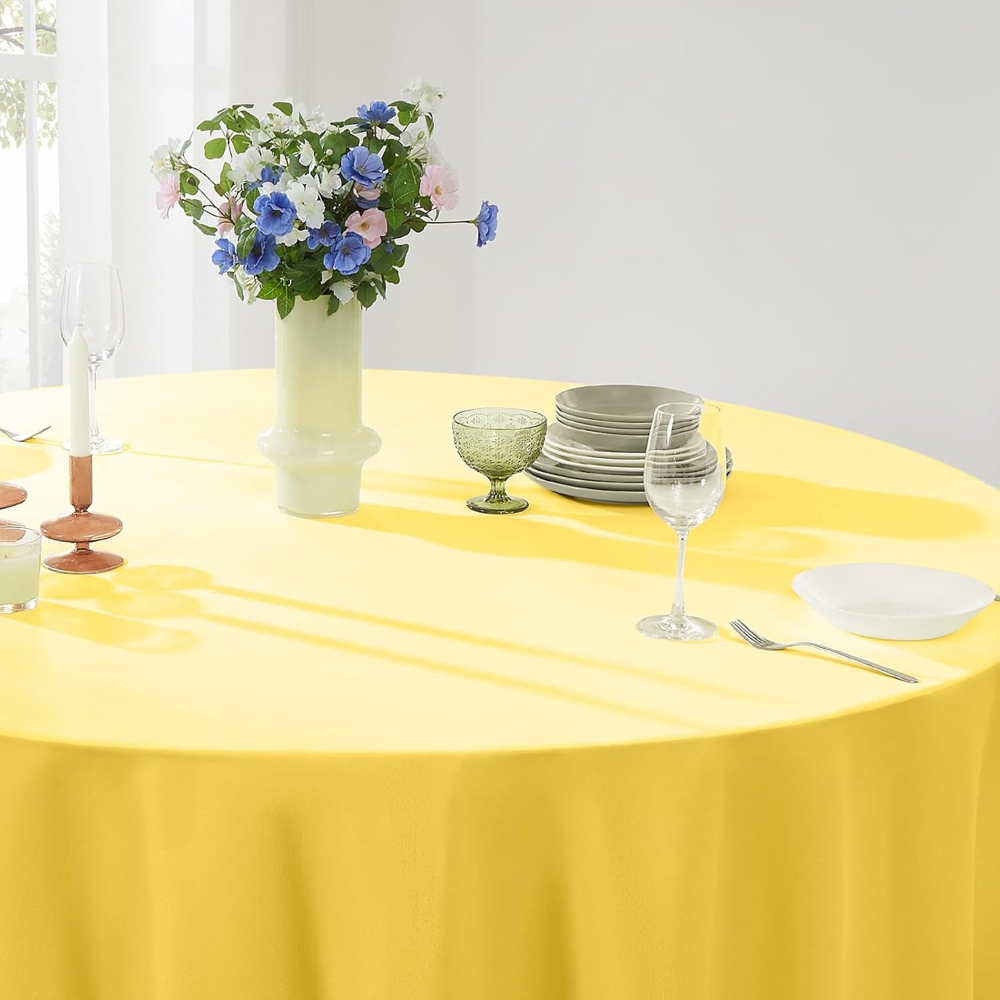 Round Tablecloth 6 Pack 108 Inch Yellow Tablecloths Washable Decorative Linen Polyester Table Clothes Cover for Dining Table Banquets Buffet Parties and Wedding