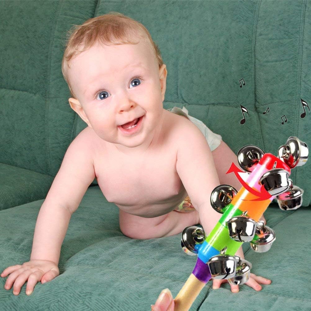 6Pcs Wooden Jingle Hand Bells,Rainbow Handle Wooden Bells Jingle Stick Shaker Rattle Baby Kids Children Musical Toys