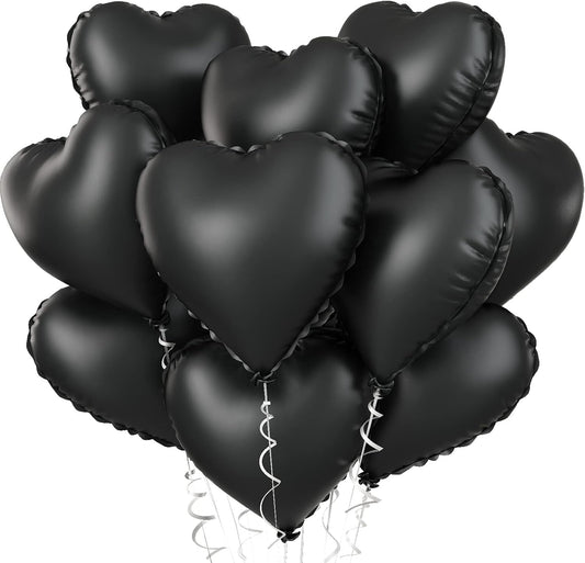 Foil Heart Balloons - 10 Black Heart Shaped Balloons, 18inch Metallic Foil for Valentines Day, Wedding, Birthday, Halloween Party