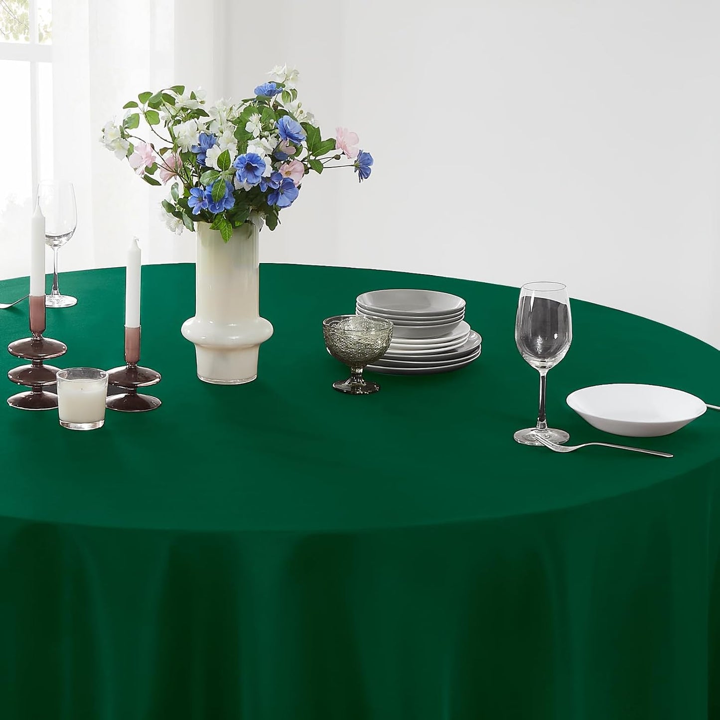 Round Tablecloth 132 Inch 2 Pack Dark Green Tablecloths Washable Decorative Linen Polyester Table Clothes Cover for Dining Table Banquets Buffet Parties and Wedding
