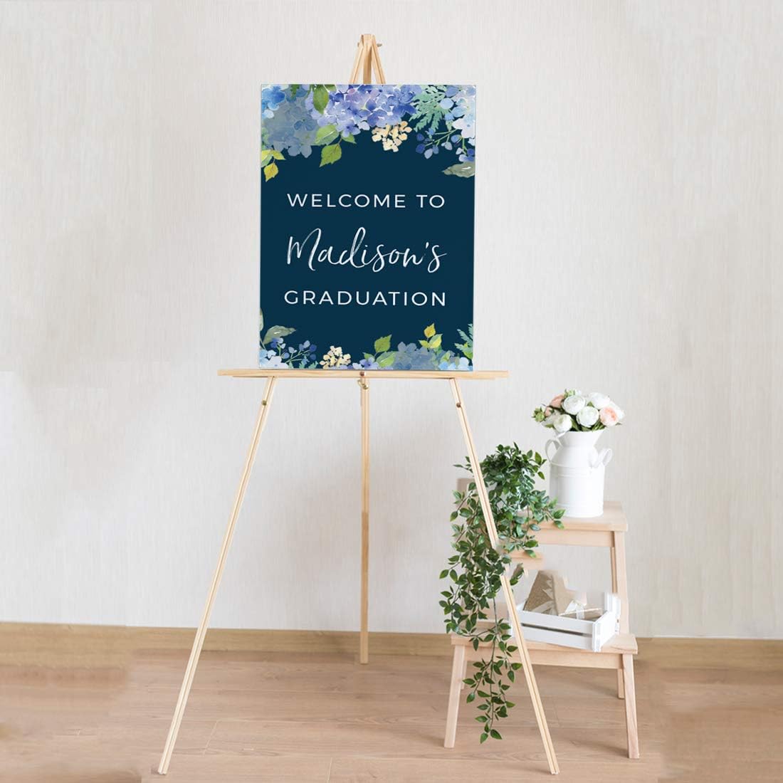 Andaz Press Personalized Extra Large Wedding Easel Board Party Sign, 12x18-inch, Baby Blue Hydrangea Floral Flowers on Navy Blue, Your Text Here, 1-Pack, Custom