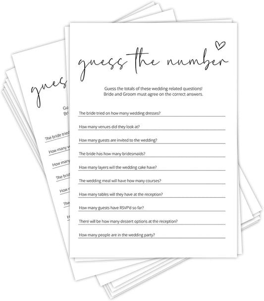Bridal Shower Games, Number Challenge, 25Pcs Minimalist White Double-Sided Bridal Game Cards, Wedding Shower Games for Guests, Engagement Bachelorette Party Supplies - A25