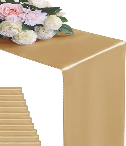 12Pack Table Runner 12 x 108 Inches Satin Silk Table Runner for Wedding, Birthday Party, Banquets, Graduations Decoration, fit Rectange and Round Table-Champagne