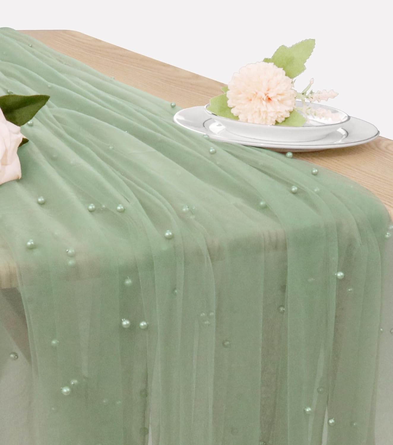 Pearl Table Runner 29 x 120 Inch Tulle Fabric Lace Table Runners Boho Rustic Tablecloth for Bridal Shower Birthday Party Wedding Arch Aisle Veil Dessert Table Decor(1 Pack, Sage Green)