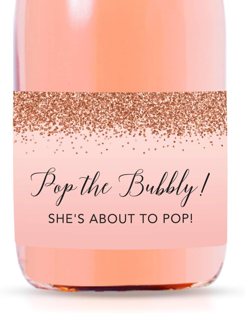 Andaz Press Mini Champagne Wine Bottle Baby Shower Labels, Pop The Bubbly! She's About to Pop!, Blush Pink Faux Rose Gold Glitter, 20-Pack Mini Champagne Bottles Baby Shower Champagne Bottle Stickers