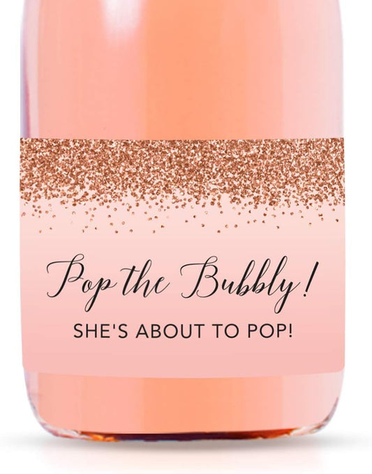 Andaz Press Mini Champagne Wine Bottle Baby Shower Labels, Pop The Bubbly! She's About to Pop!, Blush Pink Faux Rose Gold Glitter, 20-Pack Mini Champagne Bottles Baby Shower Champagne Bottle Stickers