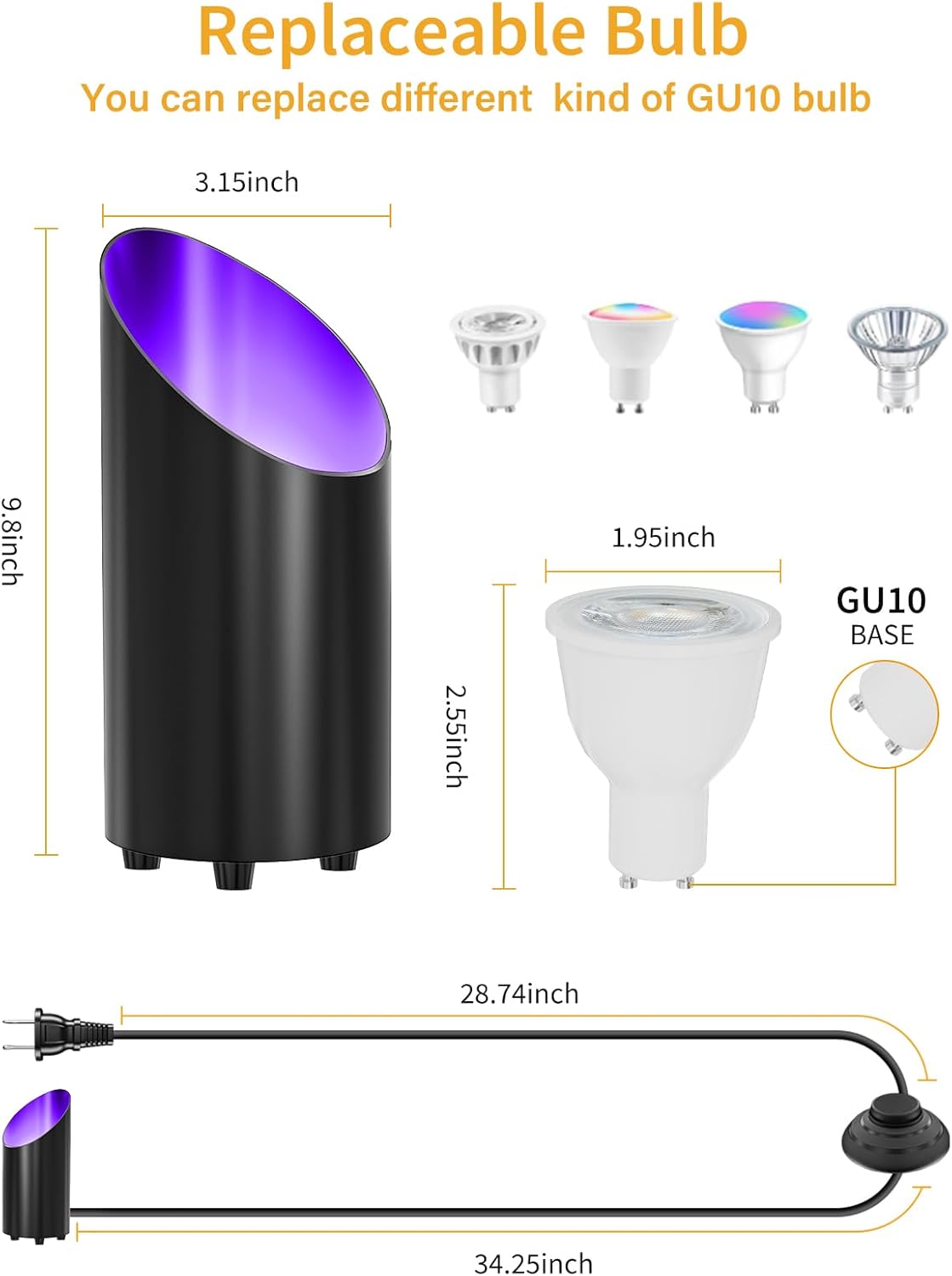 ZUCKEO RGB Floor Can Lights Indoor Spotlight LED Uplighting, 5W Indoor Color Changing Spot Light GU10 Bulb Accent Up Lighting for Plant Corner Christmas, 5.25FT Plug in Cord & Switch, 4Pack