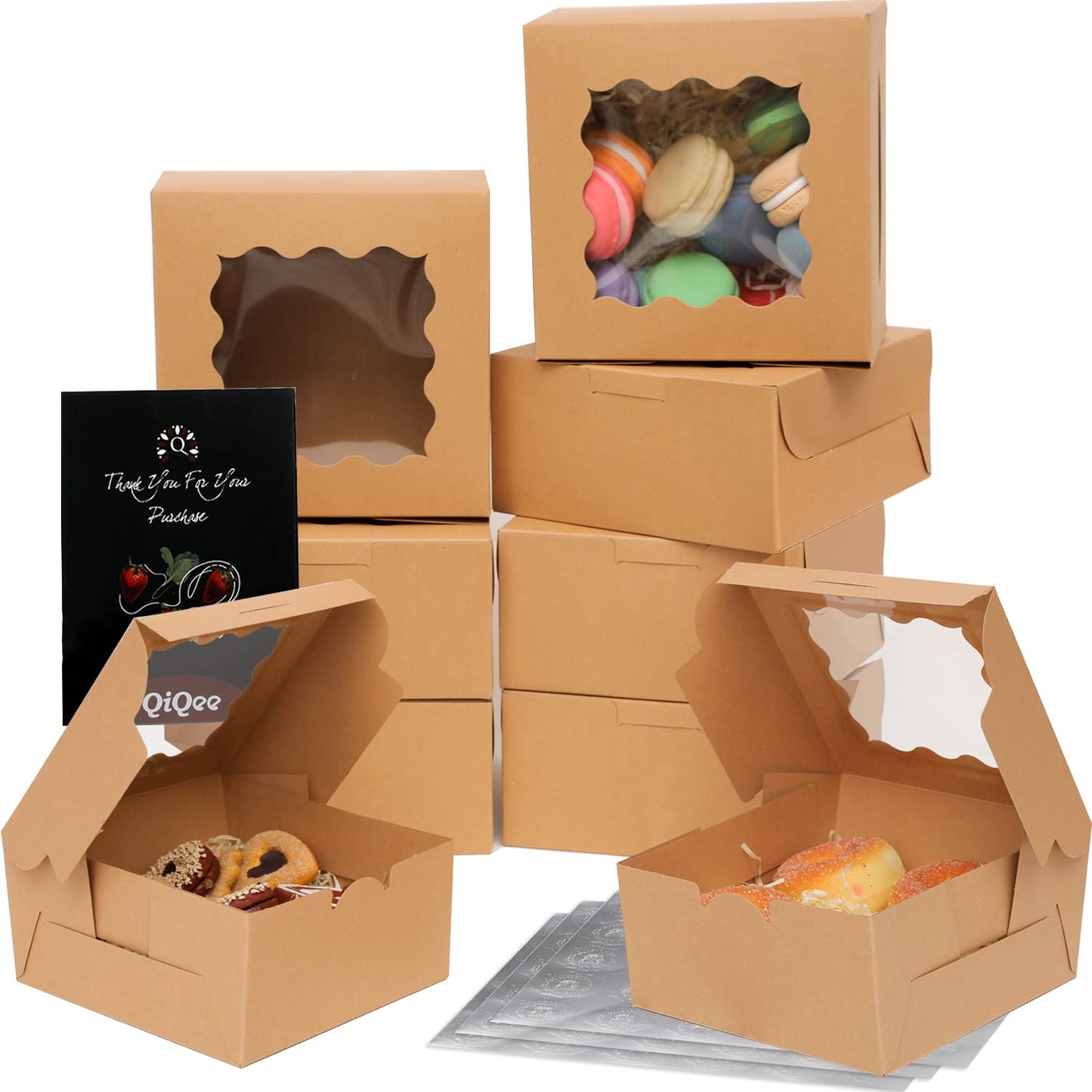 Bakepacker 100pcs Kraft Bakery Boxes with Window 6x6x3 inches Thick & Sturdy Macaroon Pastry Boxes Cookie Boxes for Bakerys