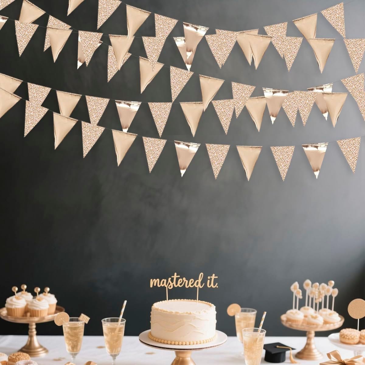 30Ft Champagne Gold Party Decorations Triangle Pennant Banner Gold Hanging Paper Flag Bunting for Graduation Wedding Birthday Bridal Shower Bachelorette Engagement Anniversary Hen Party Supplies