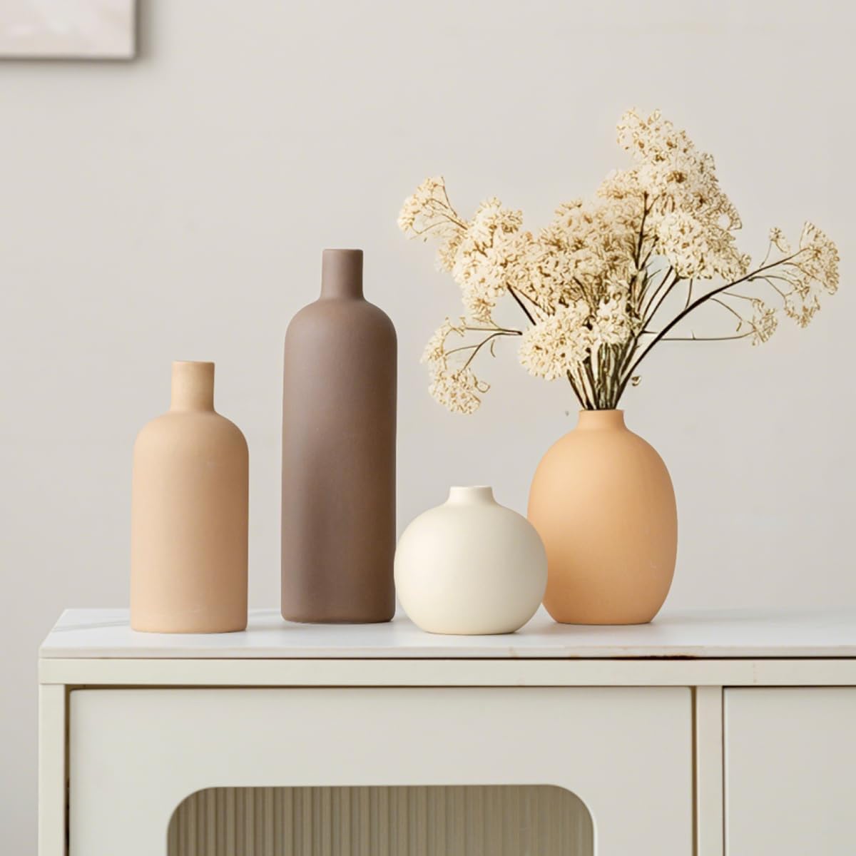 Modern Ceramic Vase Set, Neutral Colors, Decorative Vases for Home Shelf Decor, 4 Piece Collection (Coffee Mix Set 4)
