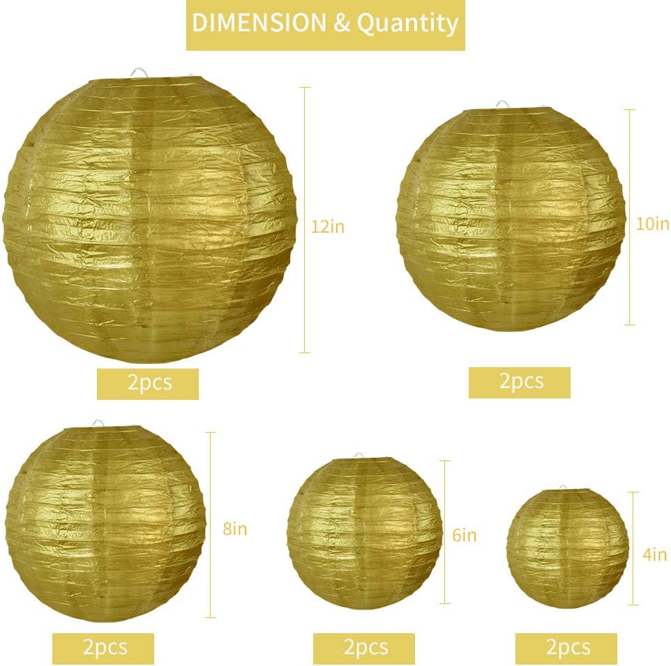 BEISHIDA Gold Round Paper Lanterns Decorative Hanging Chinese Japanese Paper Lanterns Lamp for Christmas New Years Birthday Wedding Baby Bridal Shower Home Decor Party Decoration（10 Packs）