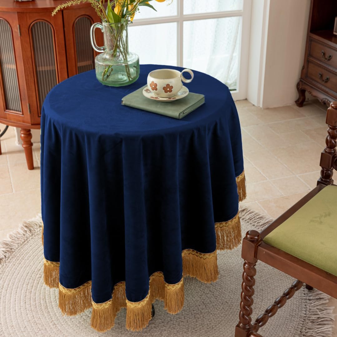 F-CHU Blue Tablecloth Thickset Velvet Tablecloth with Beautiful Gold Tassels Vintage Table Cloth for Home Decor Wedding, Party, Banquet and Events 70" Round