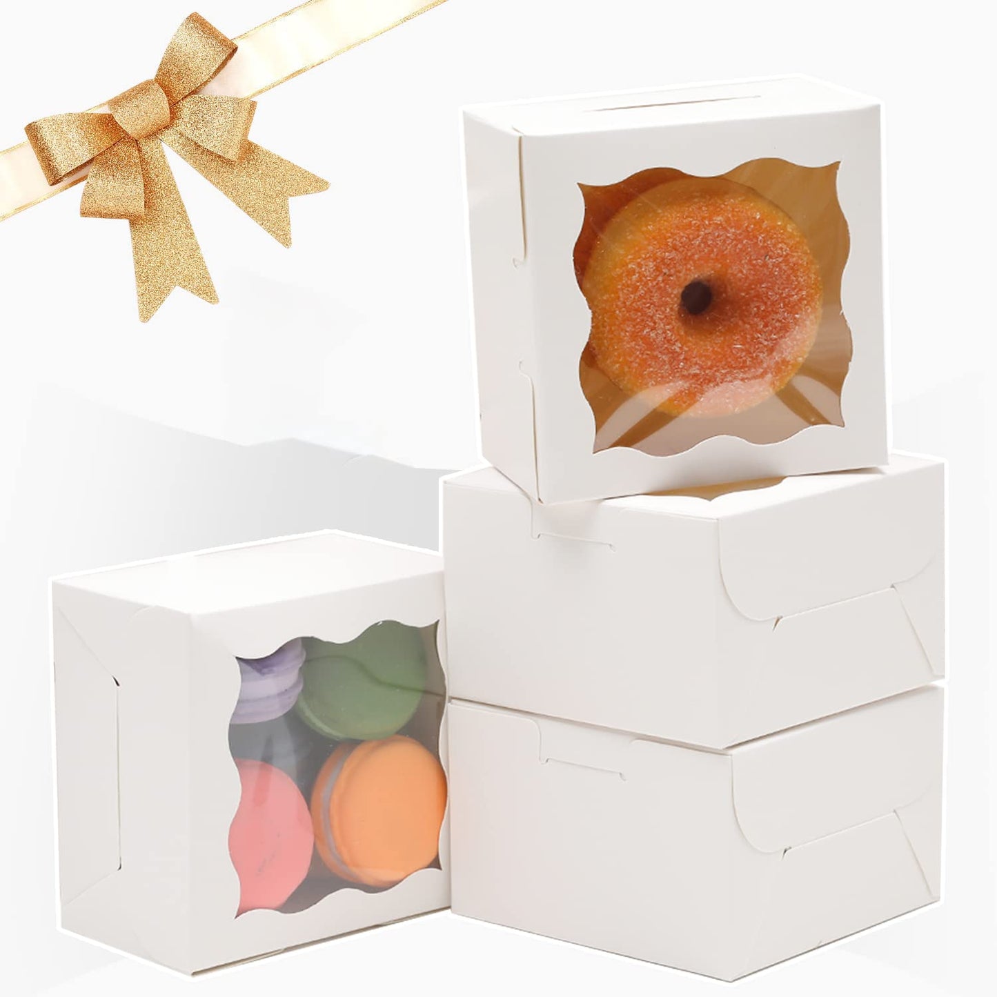 Bakepacker White Bakery Boxes with Window - 4x4x2.5 inches Small Size Pastry & Mini Cookie Boxes for Bakeries - Thick & Sturdy (100 Packs)
