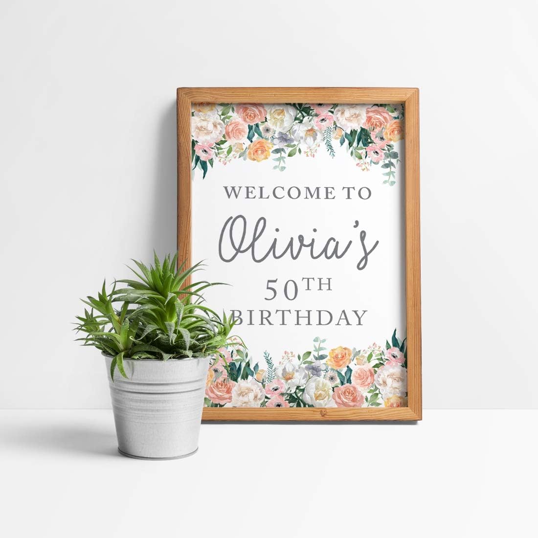 Andaz Press Personalized Extra Large Birthday Easel Board Party Sign, 12x18-inch, Peach Coral Floral Flowers Roses on White, Welcome to Olivia's 50th Birthday, 1-Pack, Custom Name Age