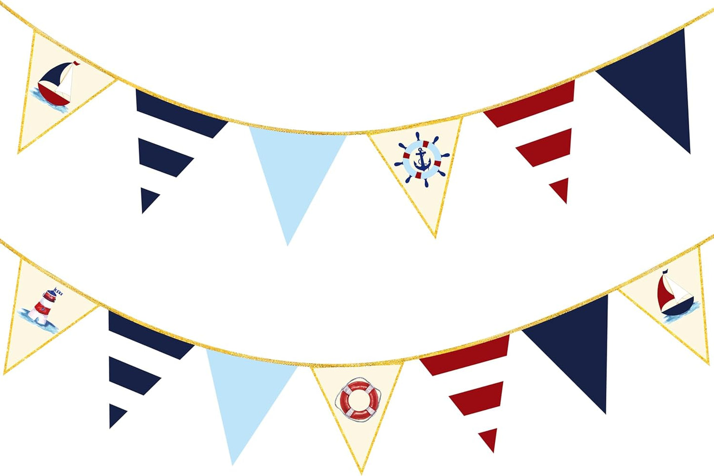 Navy Red Beige Gold Glitter Stamping Paper Pennant Banner Flag Triangle Bunting for Nautical Pirate Ahoy Achor Theme Birthday Baby Shower Wedding Let's Get Nauti Bachelorette Party Decoration Supplies