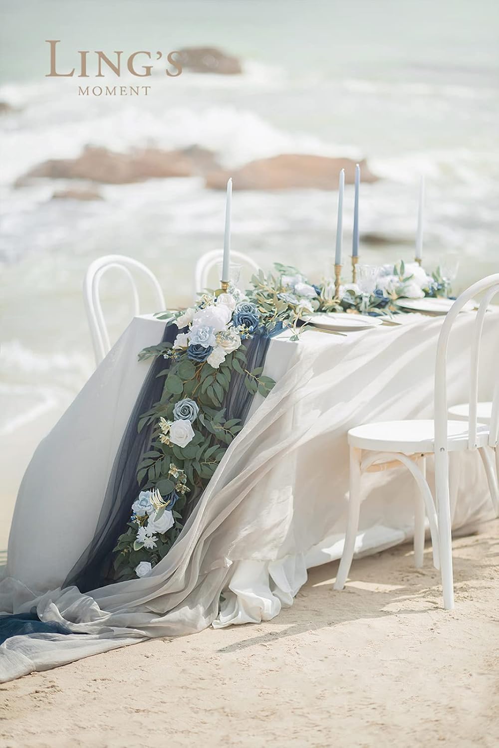 Ling's Moment Flower Garland - 6FT Eucalyptus & Rose - Sweetheart Table Decor for Wedding Reception, Artificial Arch Floral Garland for Mantle, Christmas, Beach Decoration, Dusty Blue & White