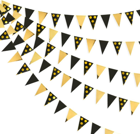 30Ft Black Gold Party Decorations Polka Dot Pennant Banner Paper Circle Dot Triangle Flags Bunting Garland for Wedding Bridal Shower Birthday Bachelorette Engagement Anniversary Holiday Party Supplies