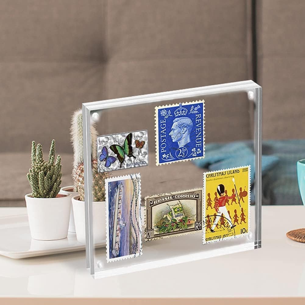HELPLEX Acrylic Frame, 5 Pack 4x4 Inch Picture Frames, 20mm Thicker Frameless Clear Double Sided Magnetic Free Standing Desktop Display Stand