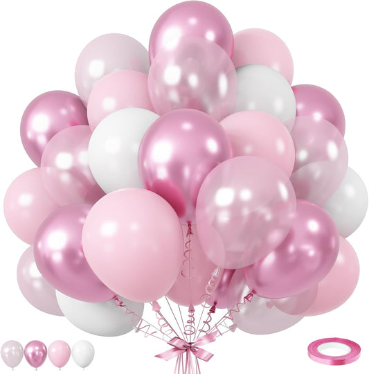 Pink Balloon Set - 12 Inch Metallic, Light Pink and White Latex, Pastel Macaron Pink Party Decoration for Girl Women Birthday, Wedding, Baby Shower, Valentine's Day