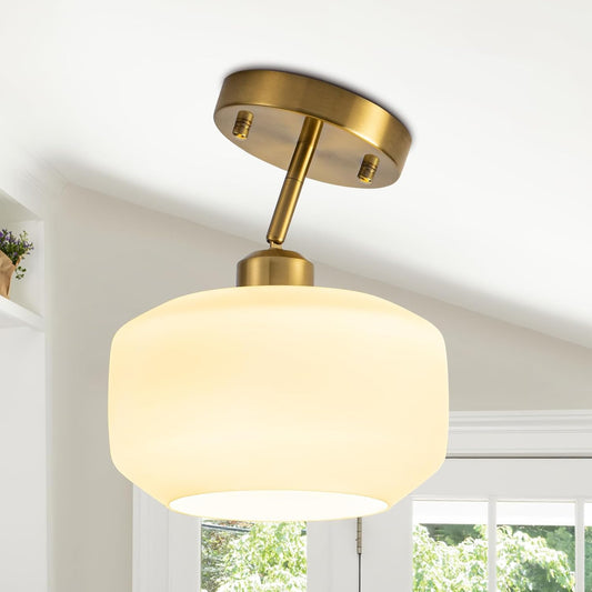 Tbaoinal semi Flush Mount Ceiling Light Fixture Adjustable Hanging Brass Gold Light Fixture 8.66" Modern Frosted Opal Milk Glass Shade Sloped Ceiling Adaptable for Hallway Light fixtures Entryway