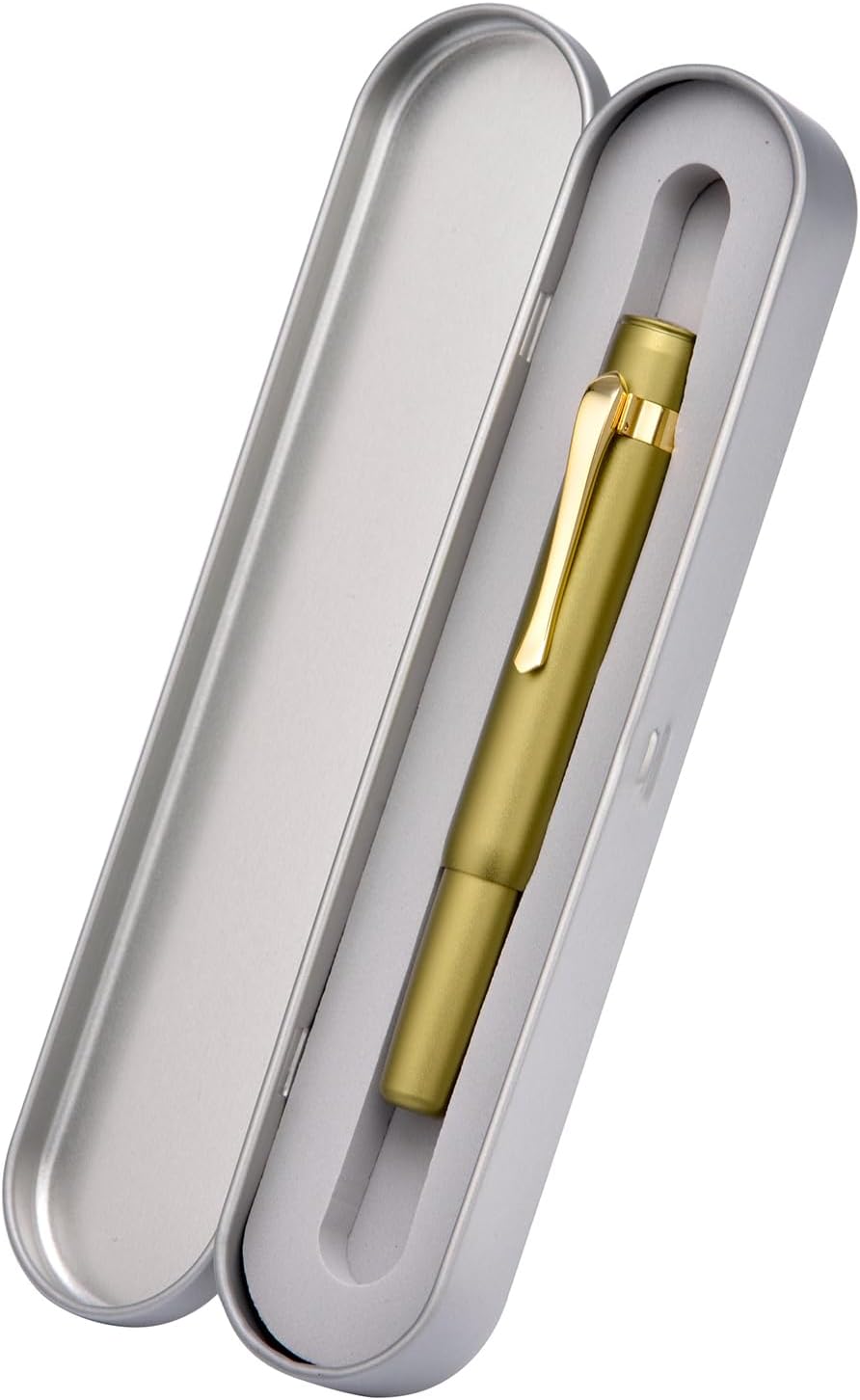 HONG DIAN M2 Black Forest Mini Fountain Pen, Fine Soft Nib & Sleek Shape Aluminium Short Pocket Travel Pen (Olive Green)